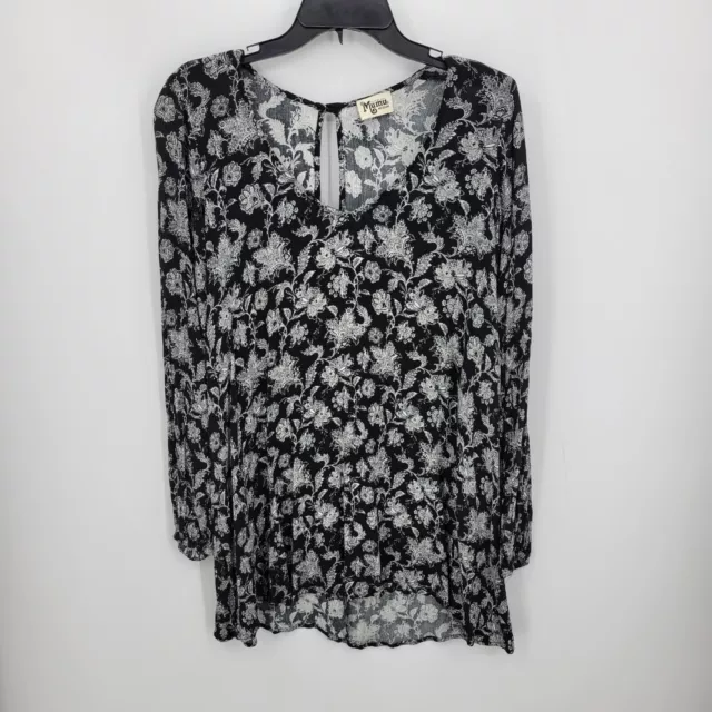 Show Me Your Mumu Top Womens Medium Black White Floral Long Boho Tunic Blouse