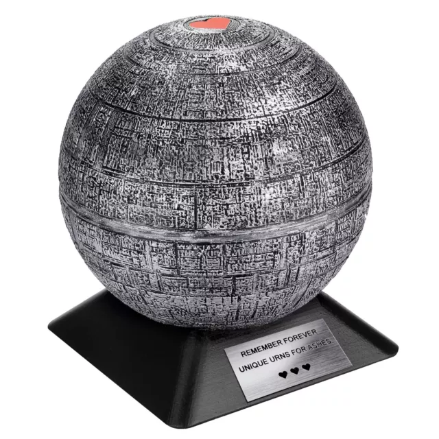 Cremation Urn Inspired By a Star Wars Death Star With a Red Heart on the Top.