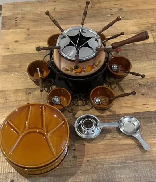 Juego De 6 Piezas Fondue Retro De Colección Con Soporte, Placas, Tazones, Cucharas, Tenedores Usados