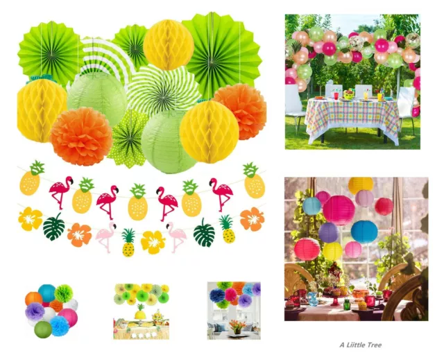 Mix Hawaii Paper Lantern Fan Tissue Pom Poms Bunting Tropical Summer Party Decor