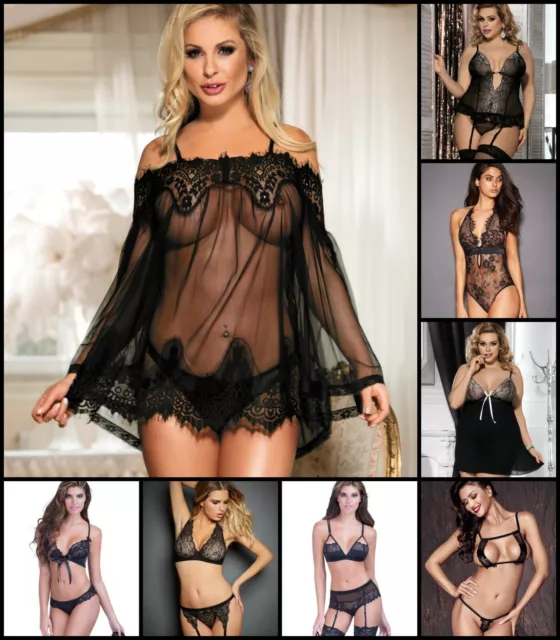 Ensemble De 8 Types De Soutien-Gorge Noir Babydoll Lingerie Vêtements De Nuit Sexy Taille 12-14 Royaume-Uni