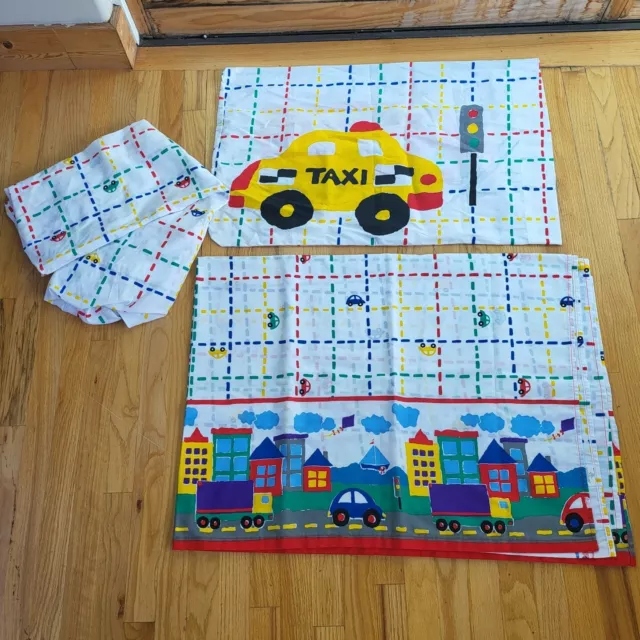 Vintage Kids Bed Flat Sheet Pillowcase Twin Transportation Taxi Fire Truck Cars