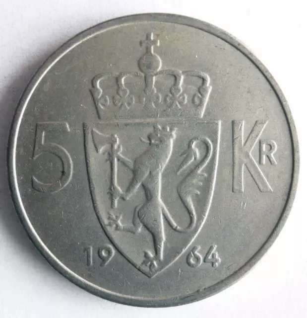 1964 NORWAY 5 KRONER - Excellent Coin - FREE SHIP - Bin #163
