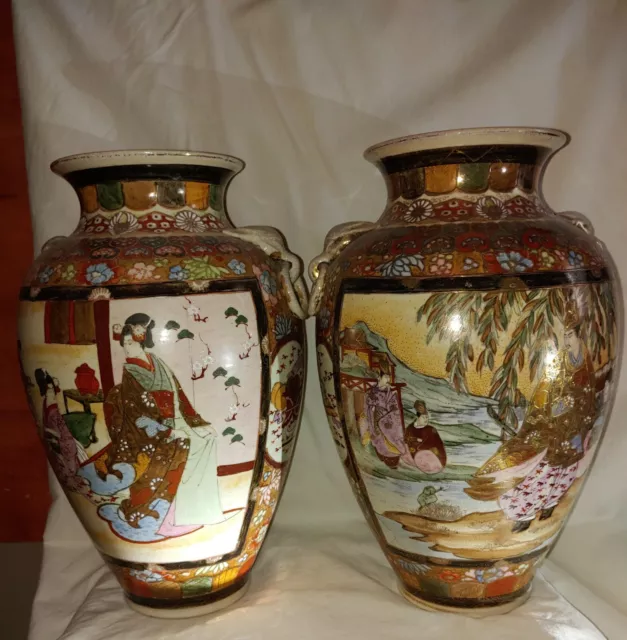 Japanese Satsuma vintage antique pair of landscape vases