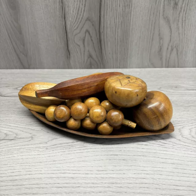 Vintage Wooden Fruit & Bowl Monkey Pod Wood Grapes Apple Banana Tray MCM