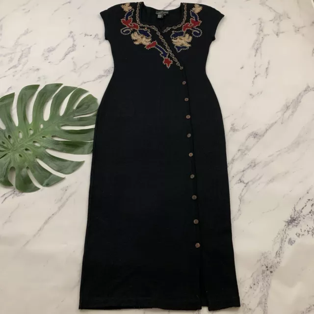 Carole Little Womens Vintage Knit Sheath Midi Dress M Black Embroidered Beaded