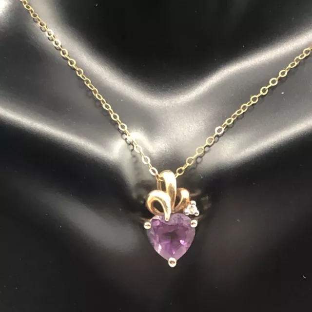 14K Gold Chain 17 3/4” .64g With Amethyst & Diamond Heart 10K Pendant