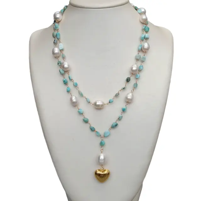 Blue Larimar White Rice Pearl Necklace Heart Brushed Gold Plated Pendant 21"
