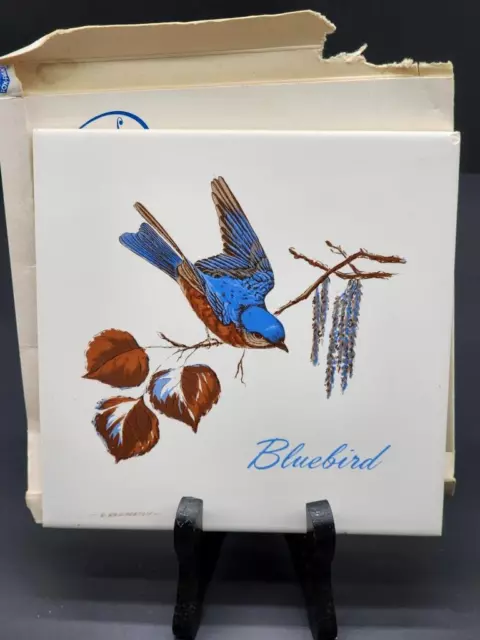 BLUEBIRD TILE Screencraft Hand Decorated USA 6"X6" CORK BK W/BOX