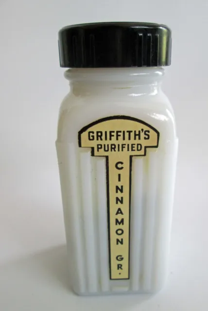 Vintage Griffith's Purified Milk Glass Spice Bottle Jar Black Lid Cinnamon Gr.