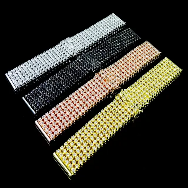 Mens Gold Tone 6 Row Simulate Diamond White/Gold/Black/Rose Gold Watch Band 24Mm