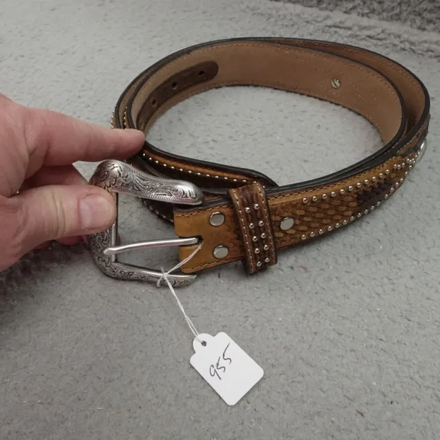 Western Nocona Leather Mens Belt Silver Conchos Ostrich Tan Brown Overlay Sz 38