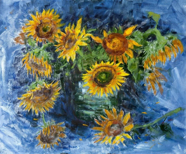 ORIGINALE olio su tela dipinto, fiori impressionisti, girasoli arte 24"