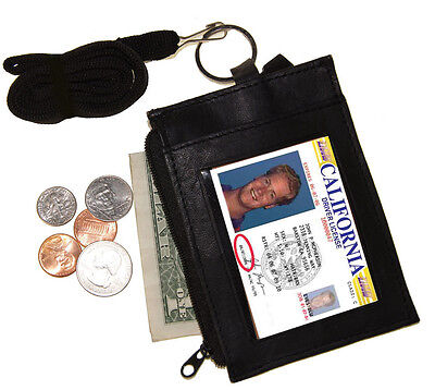 BLACK LEATHER NECK LANYARD ID BADGE HOLDER Zip Pocket Key Ring Wallet US SELLER