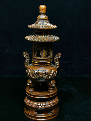 10" Temple Chinese boxwood wood carved Dragon Tower Incense burner Censer Statue
