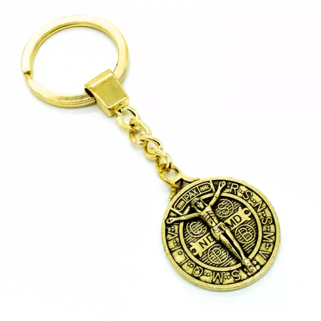 Gold Tone Jesus Crucifix Cross Saint St Benedict Medal Pendant Key Chain Ring