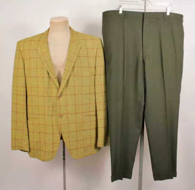 Mens VTG 60s 2 PC Green and Yellow Windowpane Suit W Tie Sz XL  1960s