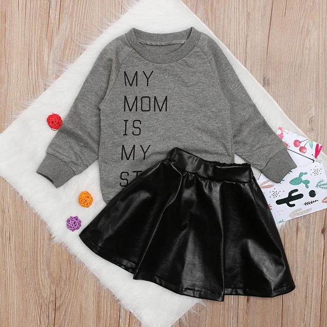 2Pcs T-shirt Tops +PU Skirt Kids Clothes Outfits Fashion Toddler Baby Girls Set