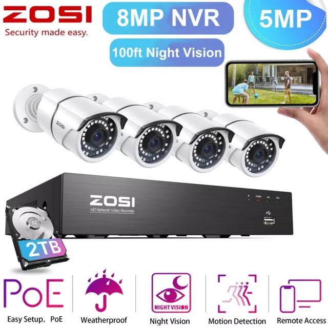 ZOSI 8CH 4K PoE NVR Überwachungskamera Set Außen 5MP POE IP Kamera 2TB Wie Neu