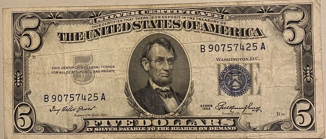 1953 US Silver Certificate $5 Blue Seal VF+ #321
