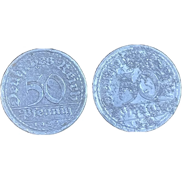Germany 50 Pfennig Coin 1922 D & E German Mark Wheatsheaf Aluminum 23mm KM # 27