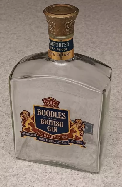 Boodles British Gin Clear Glass Bottle Square One (1) Quart Blue Label Vintage