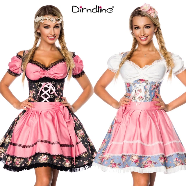 Dirndl Vestito Bavarese Tirolese Blusa Grembiule Tessuto Rasato  70001