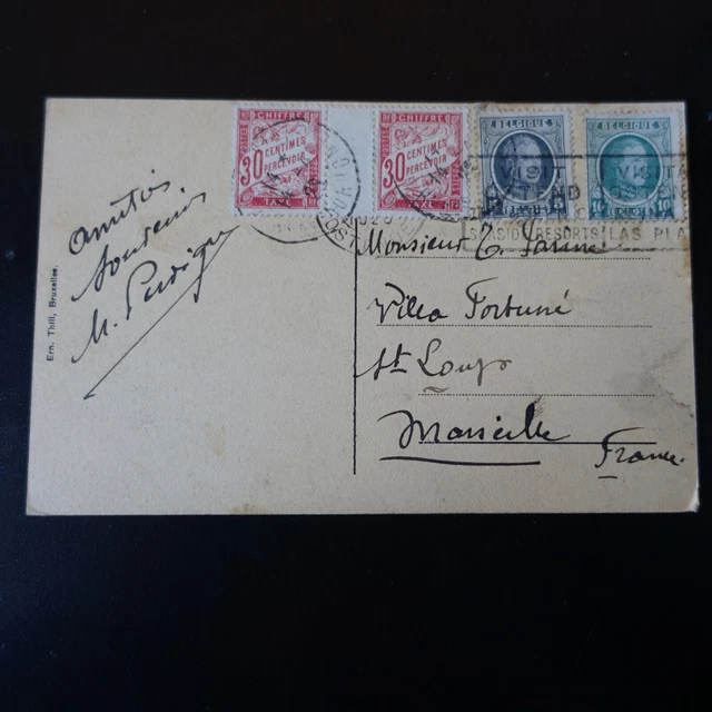 1923 BELGIQUE - CPA OSTENDE PLAGE VIEUX PHARE pour LA FRANCE TAXÉ avec N°33 x2