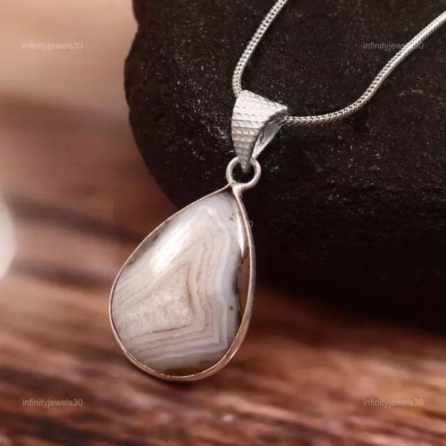 Natural Lace Agate Gemstone Indian Jewelry 925 Sterling Silver Pendant For Women