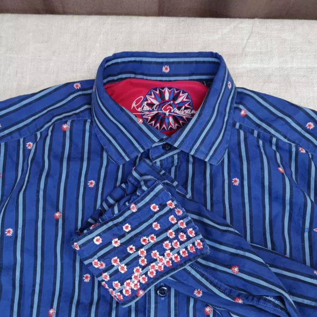 Robert Graham Shirt Blue Stripe Embroidered Floral Long Sleeve Button Up Mens XL