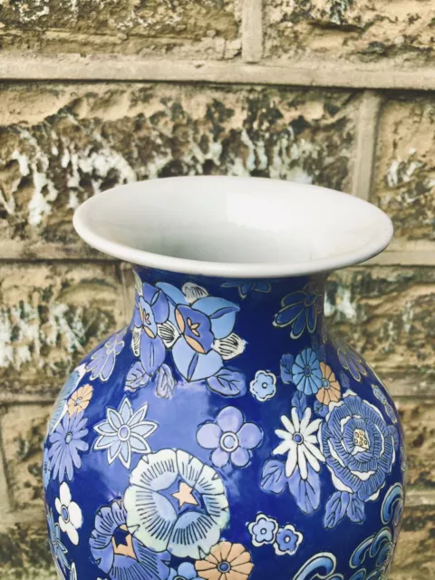 Chinese Vase Chrysanthemum Floral Painted Blue Porcelain Large Vintage Ceramic 3