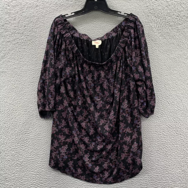 Anthropologie Deletta Blouse Womens Large Top Floral Short Sleeve Black