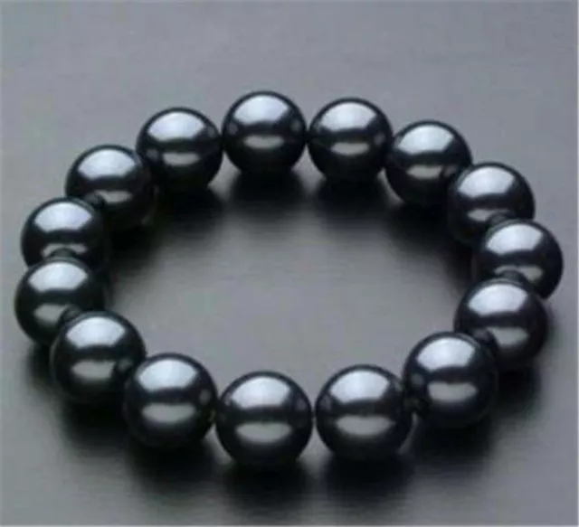 Wonderful South 10mm Black Sea Shell Pearl Round Beads Bracelet 7.5"