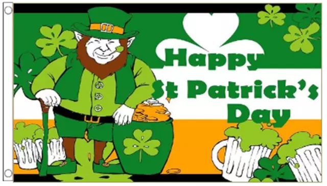 Happy St Patrick's Day Leprechaun & Pot of Gold 5'x3' Flag