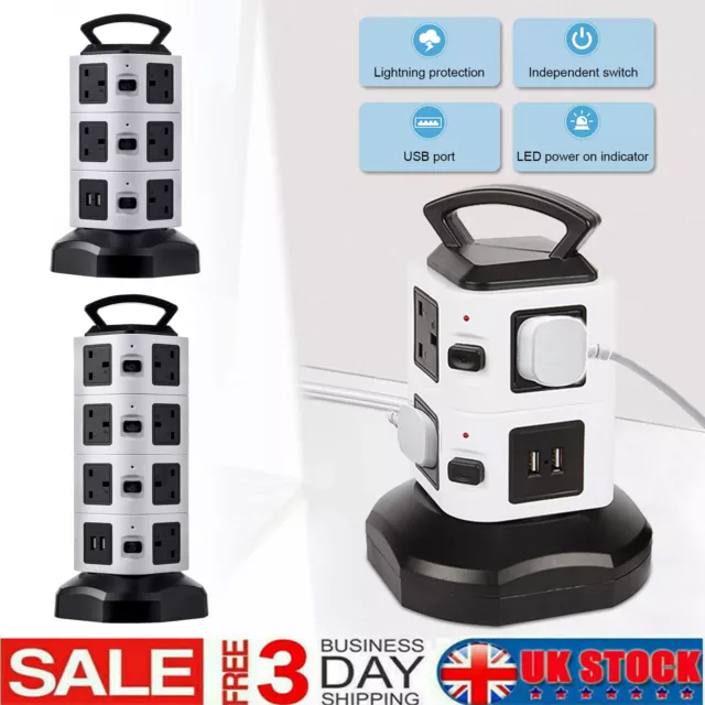 Smart Tower Vertical Power Strip Extension Lead Sockets 2 USB 7-15 Ways Plug UK