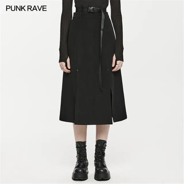 Punk Rave Women Gothic High Waist Casual Dark A-line Medium Long Skirt With Belt