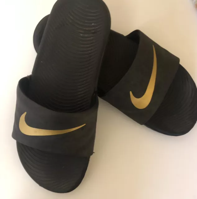 NIKE KAWA SHOWER Slides Sliders Black Metallic Gold Size Uk 5.5