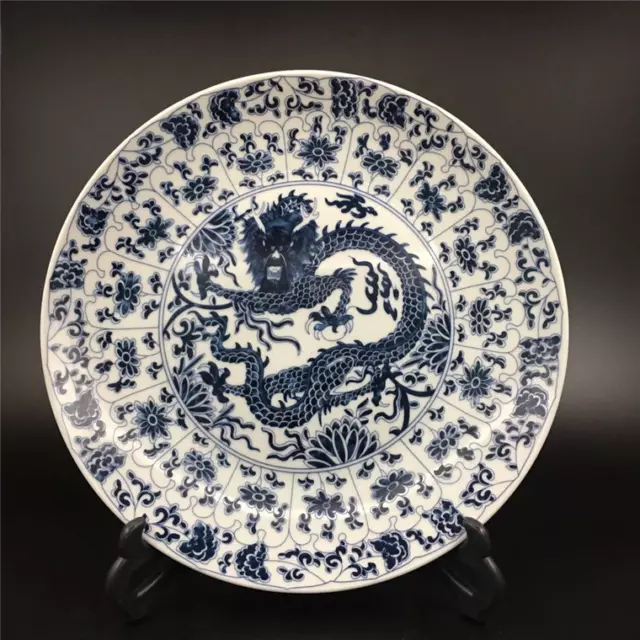 10.2" Chinese Qing Blue White Porcelain Animal Dragon Lotus Flower Plate
