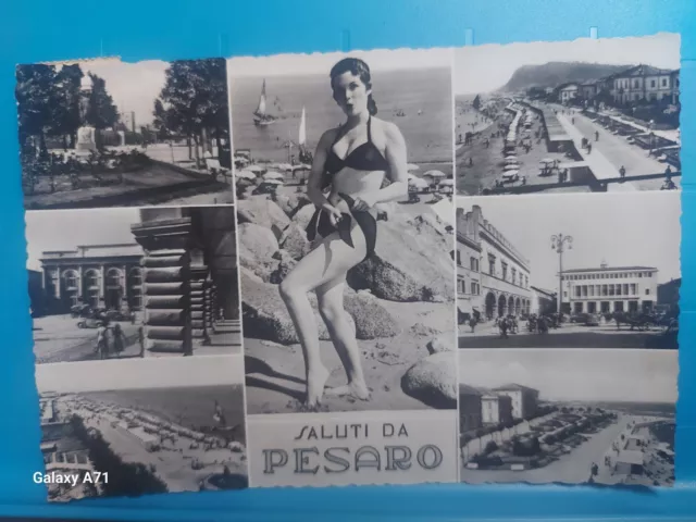 Saluti Da Pesaro 6 Vedutine+Ragazza In Bikini Fg Lucida Viaggiata 1958