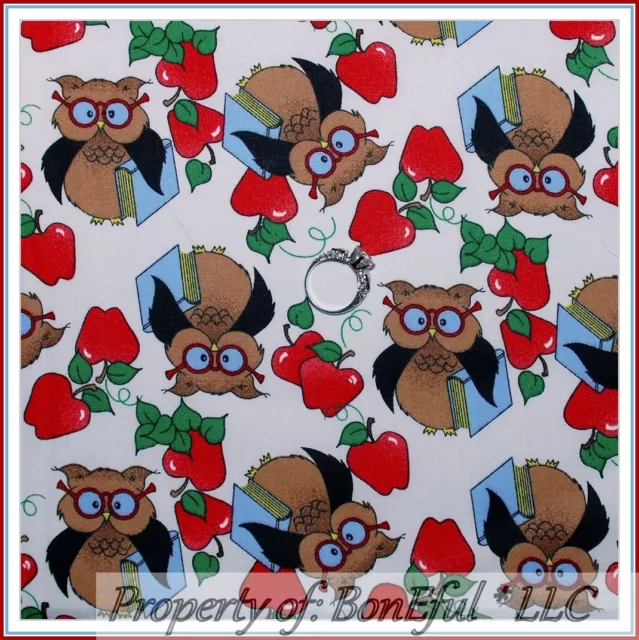 BonEful Fabric Cotton Quilt Teacher Bird OWL Apple Child Home School Book SCRAP