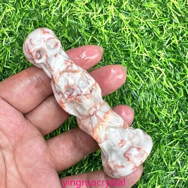 1pc Natural Red grid stone Three Skulls Quartz Crystal Skull Carving Reiki 3.5in