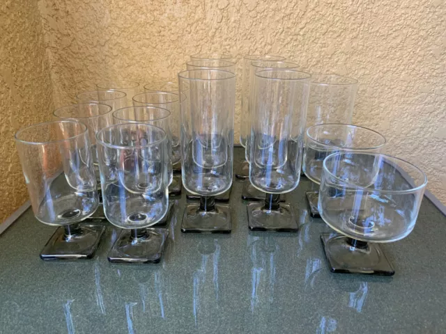 Lot 17 pc VTG MCM Federal Glass Nordic Midnight Smoke Grey Square Base Glasses