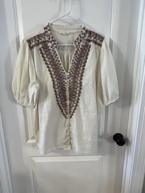 Forever That Girl Anthropologie Beaded Puff Sleeve Peasant Boho Cotton Blouse 14