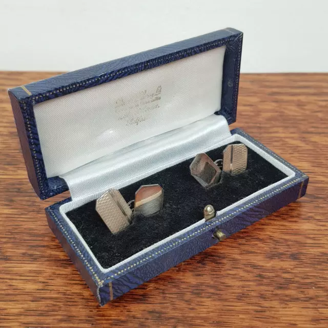 Pair Vintage Art Deco Style Geometric Gilded Silver Cufflinks + Original Box
