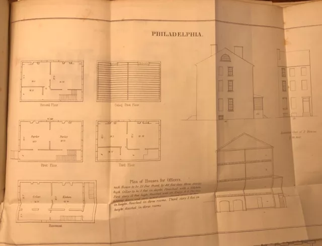 1848 Drawing: US Navy Philadelphia, PA Plan For Houses Of Officers - Antique
