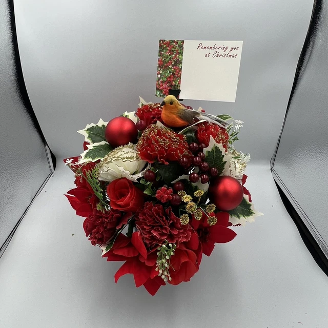 Quality Artificial Christmas  Arrangement Grave vase / Memorial / Crem Pot Red 2