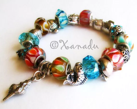 Marine Life European Charm Bracelets w Ocean Animal Charms, Turquise Glass Beads