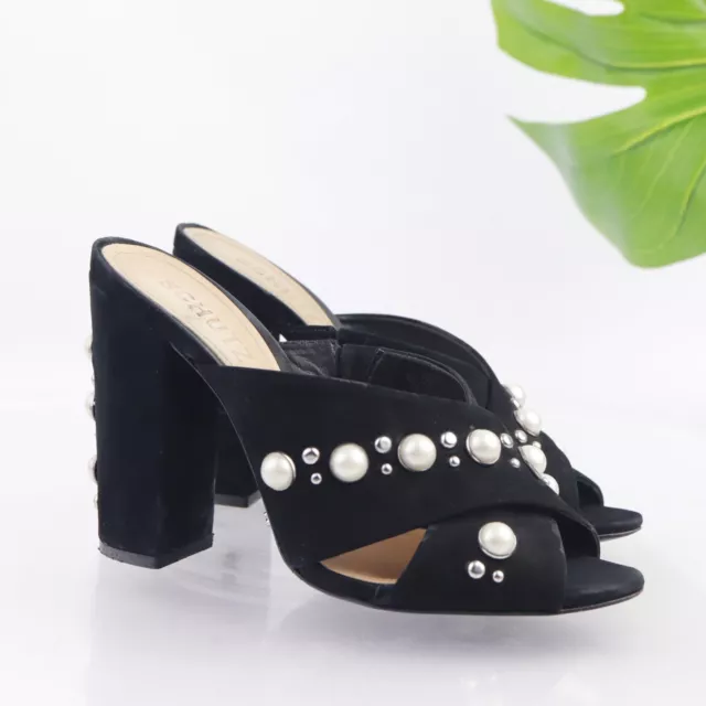 SCHUTZ Women's Fera Mule Sandal Size 7 Block Heel Black Suede Pearl Beaded Shoe