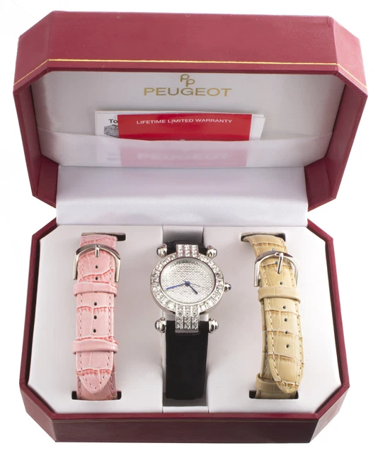 Peugeot Donna Cristallo Quadrante Nero Vera pelle Scamosciata Cinturino Orologio