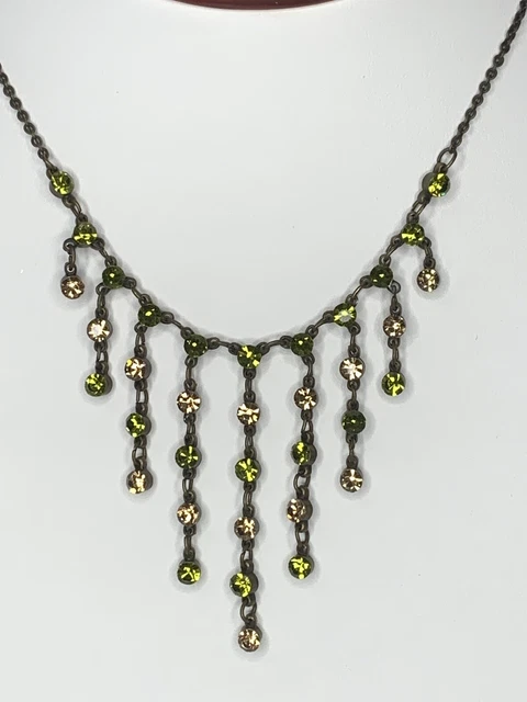Green Champagne Peach Rhinestones Fringe Necklace Drop Bib Bronze Tone 19”